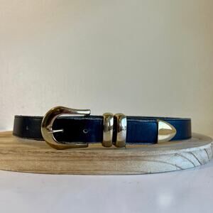 Vintage 90s USA Made Blue Black Genuine Leather Double Gold Buckle Belt Size XL